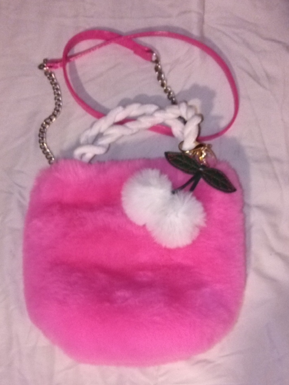 Pink Faux Fur Pom-Pom Crossbody Bag